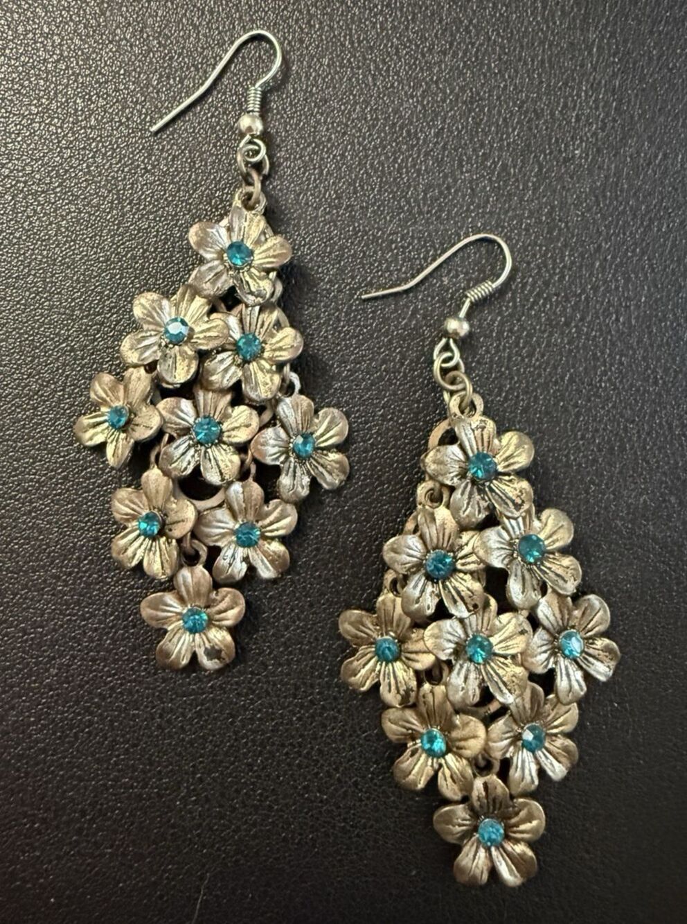 Women’s Chandelier Floral Dangle Earring 3" With Blue Stones